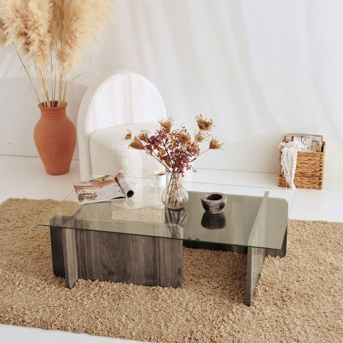 Hanah Home Mesa de centro Escape en Nogal con cristal templado Hanah Home Mesa de centro Escape en Nogal con cristal templado